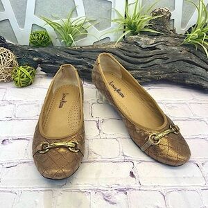 {neiman marcus} Suzy Brown Gold Bronze Metallic Quilted Flats, Horsebit Buckle